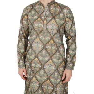 <b>Men's</b> Ethnic Kurta <b>Pajama</b> Set-Brown Traditional Printed Embroidered Dola <b>Silk</b> Festive Wear - Product Image 2