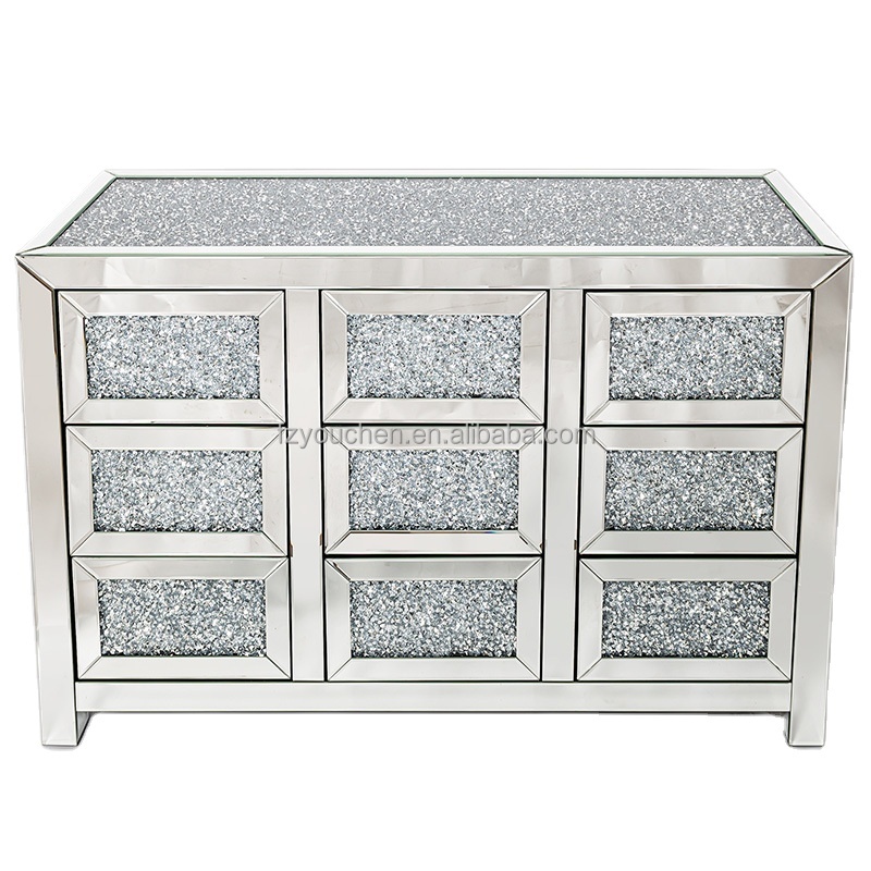 Crushed Diamond 9 Drawer Mirrored Living Room Cabinet
