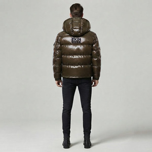 Luxury Style Dark Green Glossy Bubble Puffer Jacket Men Thick <b>Down</b> Filled Hooded Coat Wholesale Bulk Order Supplier - Product Image 4