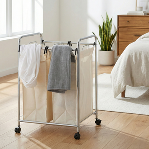 Panier à linge pliable moderne et impeccable à 4 compartiments, en fonte, plastique et tissu, trieur de linge, chariot organisateur de vêtements - Product Image 5