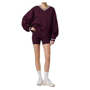 <b>Women</b> Winter Oversized <b>Sweatshirt</b> <b>V</b>-<b>Neck</b> Fleece Soft Contrast Rib Collar Pullover Front Logo Street-wear <b>Sweatshirt</b> for <b>Women</b> - Product Image 3