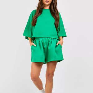 Ensemble short 2 pièces pour femme, design vintage, short taille haute, haut à manches courtes, 100% coton, respirant, écologique - Product Image 1