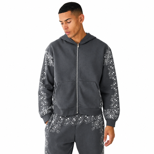 Men's Grey Paisley <b>Print</b> Hooded Tracksuit Full Length Zipper Sweatshirt And Pants Set Casual Autumn Wear - Product Image 3