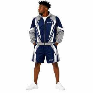Ensemble de survêtement RTW bleu marine, gris et blanc à imprimé géométrique, manches longues, fermeture éclair, sportif, en polyester, unisexe adulte, printemps - Product Image 6