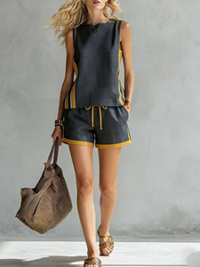 Ensemble décontracté d'été pour femmes, haut sans manches rayé et short, respirant, séchage rapide, polyester, vêtements de détente - Product Image 2