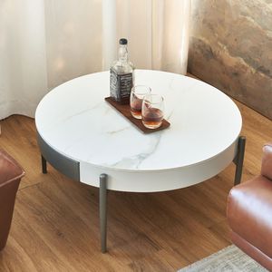 Modern <b>Round</b> <b>White</b> Real Wood Coffee <b>Table</b> with Drawers Metal Legs Golden Drum Coffee <b>Table</b> Circular Design - Product Image 3