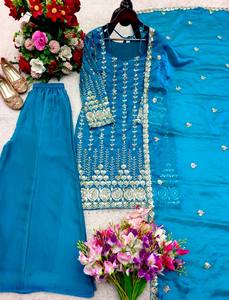 Teal Embroidered Silk Anarkali <b>Suit</b> With Dupatta Floor-Length Traditional Indian Pakistani <b>Women's</b> Wear <b>Wedding</b> <b>Dress</b> - Product Image 2