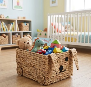 Handcrafted Water Hyacinth Kids Storage Basket with <b>Cute</b> <b>Bear</b> Face Design Natural Woven Toy Organizer Bin for Nursery, Bedroom - Product Image 4