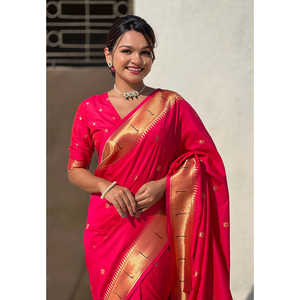 ผ้าไหมพายทานีแบบดั้งเดิมพิเศษ สีชมพู ปักด้วยด้ายซารี ลายวิธะลา สำหรับเทศกาลและงานเฉลิมฉลอง - Product Image 3