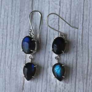 Blue Fire Labradorite <b>Earrings</b> 925 Sterling <b>Silver</b> Vintage <b>Dangle</b> Drop Boho Jewelry Pear Oval Cabochon Channel Setting Party - Product Image 5