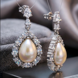 Boucles d'oreilles en perles blanches de luxe, 5 pouces de long, avec CZ, argent sterling 925, plaqué or 18 carats, faites à la main, bijoux pour femmes, prix de gros - Product Image 3