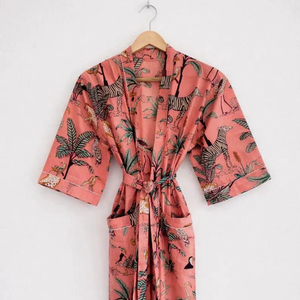 100% Cotton Block Print Kimono Women's Safari-Print Bathrobe for Spring Summer Indian Inspired Floral Print for Beach Wear - Product Image 1