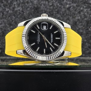 Luxury Men's <b>Automatic</b> Watch Stainless Steel Fluted Bezel BlackDial Yellow Rubber Strap Business Sport MechanicalWristwatch 41mm - Product Image 5