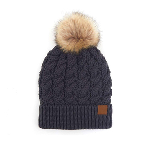 Bonnet tricoté unisexe avec pompon en fausse fourrure, couleur unie, couvre-chef d'hiver, style décontracté, taille adulte 56-58CM - Product Image 1