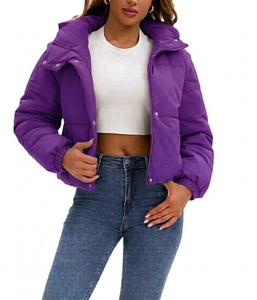 Veste matelassée à capuche marron pour femme, fermeture éclair, courte, épaisse, hiver, manches longues - Product Image 5