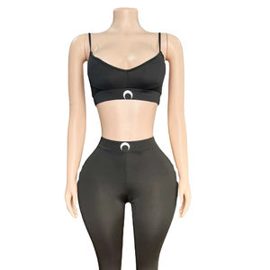 Ensemble deux pièces sexy pour femme, débardeur et pantalon, style urbain, printemps, noir uni, taille polyvalente, coupe régulière, polyester - Product Image 1