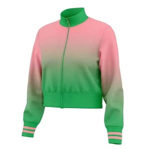 Women's Gradient Pink Green Racer Jacket Full Sleeve Stand Collar Zipper Closure Knitted Polyester Spring Wear - Product Image 3