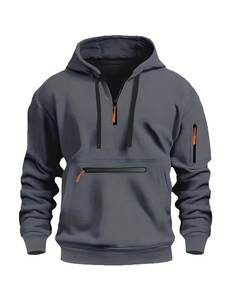 Sweat-shirt à capuche mi-zippé pour homme en molleton tricoté, manches classiques, style décontracté streetwear pour l'automne - Product Image 1
