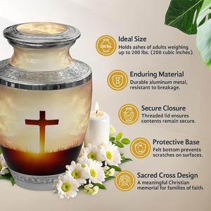 Christian Cross Memorial Cremation Urn For Human Ashes Decorative Metal Funeral <b>Keepsake</b> With Velvet Bag - Product Image 4