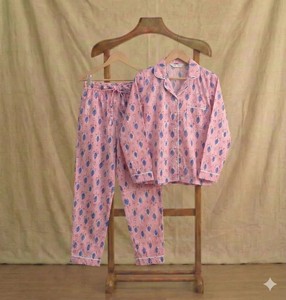 Conjunto de Pijama de Algodón, Conjunto Panamá con Estampado de Bloques, Ropa de Estar Estilo Boho con Bolsa - Product Image 2