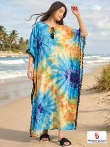 Elegante Vestido Kaftán de Rayón Estampado hasta la Rodilla para Mujer, Corte en A, Ecológico, con Patrón Geométrico, Holgado, para Playa o Resort - Product Image 5