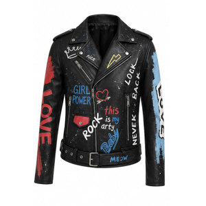 Black PU <b>Leather</b> Moto <b>Jacket</b> With Hand Drawn Graffiti Print Turn-down Collar Zipper Closure Unisex Slim Fit Autumn Wear - Product Image 2