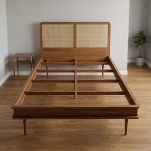 Cadre de lit en bois massif de style Mid-Century Modern, lit plateforme avec tête de lit en rotin, meubles de chambre à coucher - Product Image 5