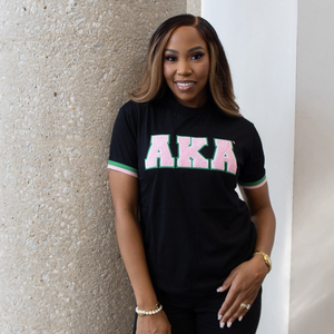 Custom <b>Black</b> <b>Women's</b> Embroidered Tee <b>Shirt</b> with AKA Lettering Short Sleeve Crew Neck Tee Pink Green Trim Casual Fashion - Product Image 1