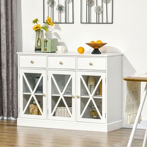 Credenza Buffet Bianca Stile Rustico con 3 Cassetti, Maniglie Bronzo, Mobile Bar Caffè, Anta Scorrevole in Vetro con Chiusura Magnetica, per Sala da Pranzo Villa - Product Image 2