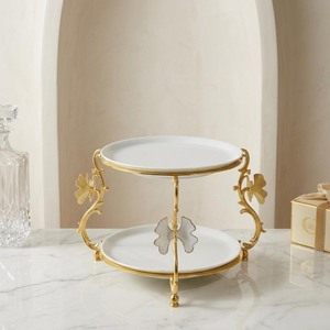 Soporte de Pastel de Cerámica de Dos Niveles con Marco de Metal Dorado, Platos Redondos Blancos, Bandeja Decorativa Hecha a Mano - Product Image 2