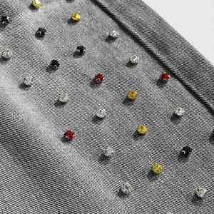 Pink Men's Bermuda Shorts Mid Waist Rhinestone Decorated Casual <b>Denim</b> Shorts Button Fly Solid Color Canvas <b>Material</b> - Product Image 5