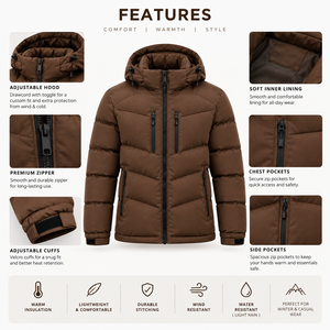 Veste matelassée en polaire coupe-vent à capuche pour homme, couleur marron, de qualité supérieure |   Manteau d'hiver matelassé de qualité supérieure Coupe classique Rembourrage en polyester - Product Image 6