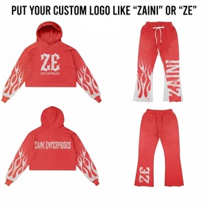 Women and <b>men</b> Premium Cotton Fleece Tracksuit 350 GSM <b>Red</b> Crop Hoodie Flare Pants Distressed Screen Print Custom Logo Set Style - Product Image 1