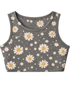 Conjunto de dos piezas para mujer: Top corto acanalado y shorts con cordón, estampado floral de margaritas en gris, estilo casual, fabricante personalizado - Product Image 4