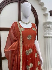<b>Women</b> Traditional Red Floor-Length Anarkali <b>Suit</b> Gold <b>Glitter</b> Print Dupatta Quick Dry Loose Fit for Wedding India Pakistan Style - Product Image 5