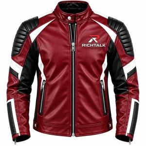 Blouson de moto en cuir pour homme, rouge, noir, blanc, color block, col montant, fermeture éclair, style motard - Product Image 1