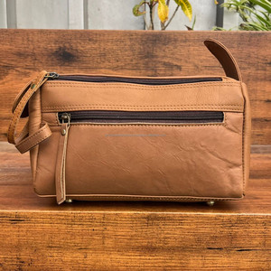 Bolsas de maquillaje de viaje personalizadas para hombre y mujer de cuero genuino 100% con doble cremallera, bolsas de cosméticos de alta calidad, Kits colgantes Dopp - Product Image 3