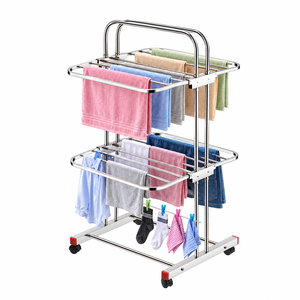 Séchoir à linge en acier inoxydable à 2 niveaux, étagère de rangement mobile pour cuisine, séchoir de balcon avec roulettes - Product Image 2