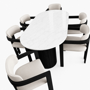 Ensemble de salle à manger moderne Aurevino en marbre ovale, pieds en bois, chaises rembourrées avec dossier en tissu, style scandinave, finition noire - Product Image 4