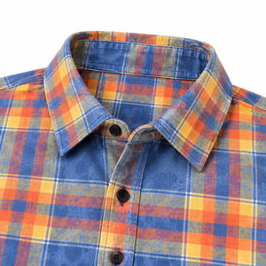Chemise en flanelle à carreaux bleu et orange pour homme, manches longues, 100% coton, boutonnée, décontractée, pour l'automne - Product Image 5