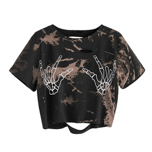 Camiseta Corta de Manga Corta para Mujer, Diseño de Calavera, Transpirable, Hecha a Mano, con Gráficos Desgastados, al por Mayor - Product Image 1