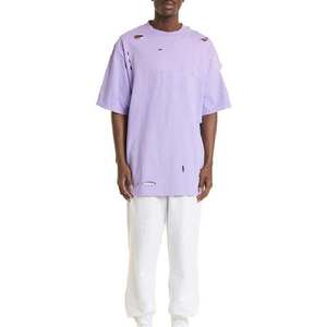 Camiseta Morada Oversize para Hombre, Estilo Vintage Desgastado, Ropa Urbana de Algodón Grueso, Estilo Casual - Product Image 3