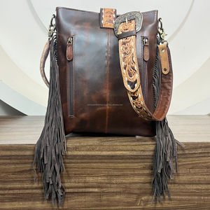 2025 nouvelles femmes usinées à la main en cuir de vachette véritable personnalisé Loopy Snap bandoulière et sac à franges avec conception de pierre Turquoise - Product Image 5