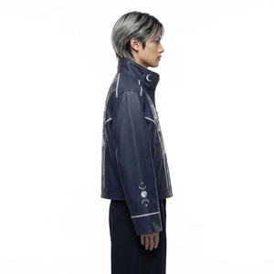 Streetwear <b>Real</b> <b>Leather</b> Bomber <b>Jacket</b> With Moon Embroidery Streetwear Style Autumn Zipper Closure Stand Collar - Product Image 3
