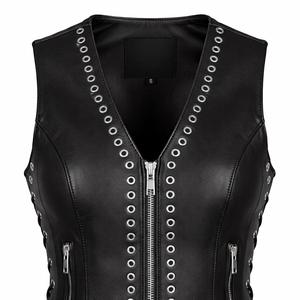 Women's Genuine <b>Leather</b> Motorcycle Vest Stylish V-Neck Biker Outerwear <b>Sleeveless</b> Zipper Closure Waterproof Windproof Fashion - Product Image 6