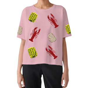 T-shirt décontracté pour femme en coton 100% avec broderie de sequins, écologique, respirant, à manches courtes et col rond, motif écrevisse, vente en gros - Product Image 4