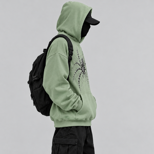 Sweat-shirt à capuche vert clair pour homme, décontracté, avec poche avant, imprimé toile d'araignée noire, coupe ample, 100% coton molletonné - Product Image 2