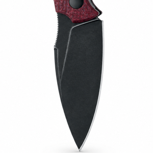Couteaux à lame fixe rouge bordeaux avec manche texturé, lame noire pointue, poignée incurvée et protège-doigts pour usage extérieur - Product Image 4