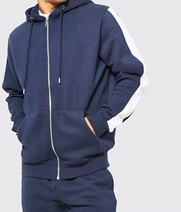 Men's <b>Navy</b> Blue Hooded Zip-Up <b>Sweatshirt</b> Regular Fit Solid Color Cotton Fleece Casual Autumn Wear - Product Image 2