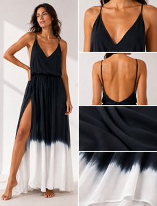 Custom OEM Women's Black <b>White</b> Solid V-Neck Spaghetti Strap Backless <b>Maxi</b> Dress Bohemian 100% Cotton A-Line Eco-Friendly Summer - Product Image 6